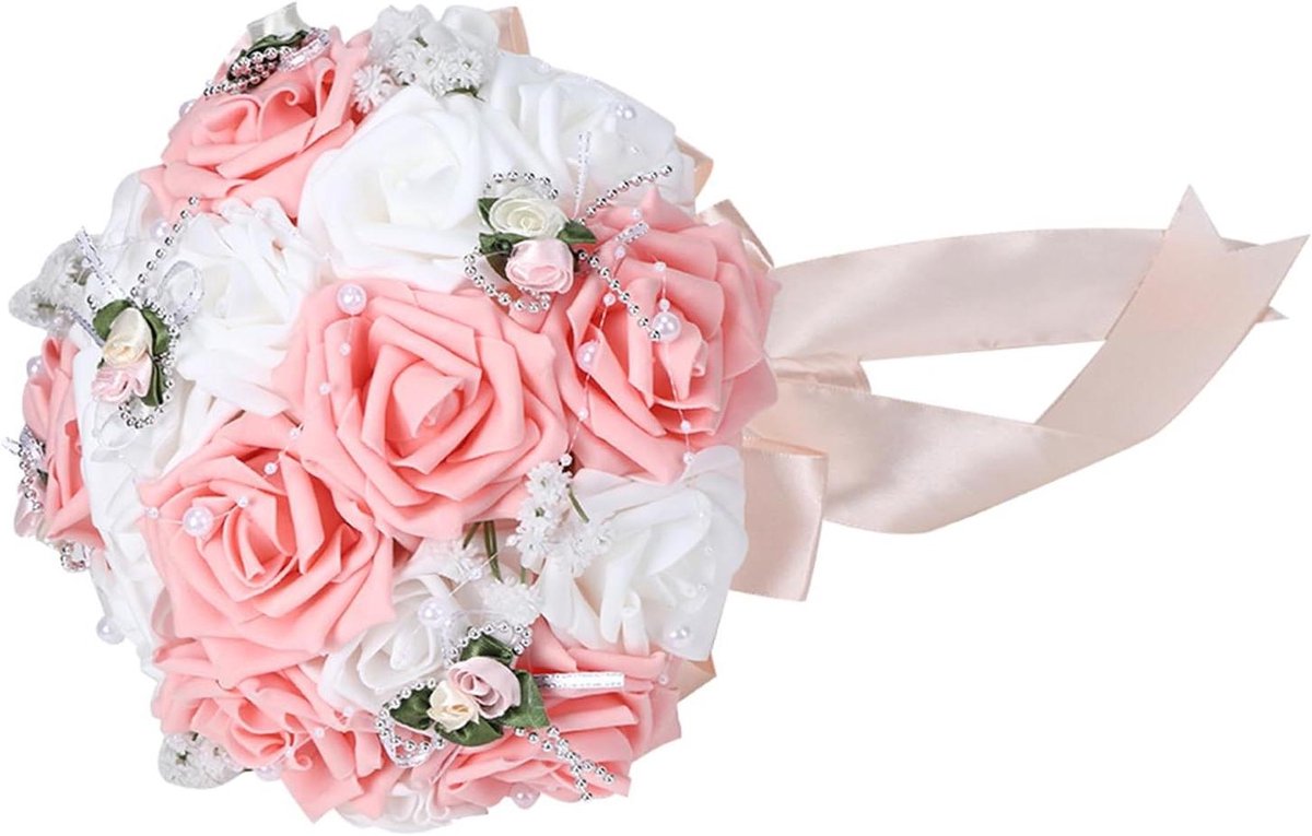 Bruidsboeket - Kunstboeket Zijde - Bruiloft Decoratie - Versierd met Parels - 26x21 Cm - Roze