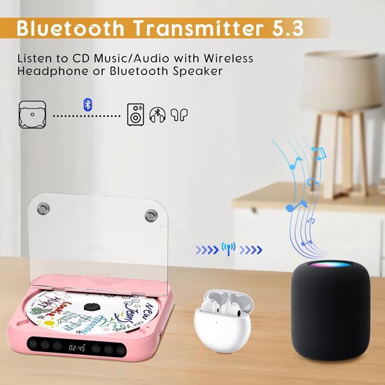 KZQ Draagbare cd-speler - Bluetooth-functionaliteit - Oplaadbaar - Ingebouwde hifi-luidsprekers - Hoofdtelefoonaansluiting - Ondersteunt cd-/aux-/usb-ingang en herhaalmodus - Geschikt voor thuis en in de auto - Roze van kzq — afbeelding 2