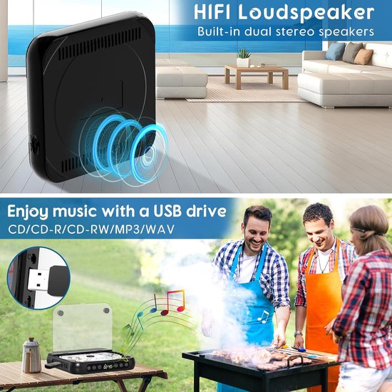 Draagbare cd-speler - Bluetooth-speler - Oplaadbaar - Ingebouwde hifi-luidspreker - Hoofdtelefoonaansluiting - Geschikt voor thuis en in de auto - Zwart — afbeelding 2