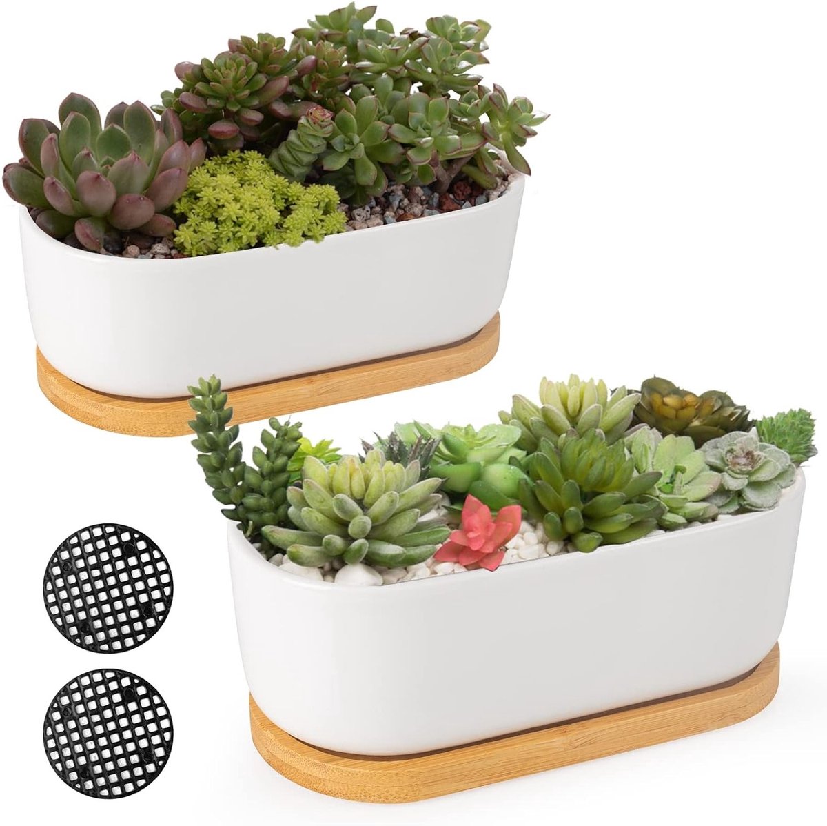 Set van 2 Kleine Keramische Succulent Potten voor Binnen en Buiten, Met Afwateringsgaatje en Bamboe Schaaltje, Ideaal voor Cactussen en Bonsai Planten