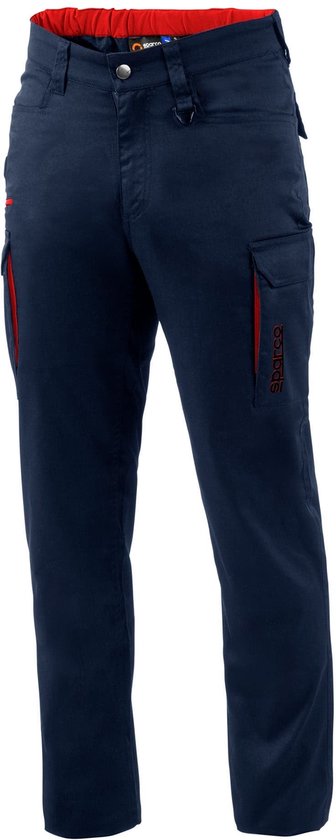 Pantalon de travail bleu marine avec des accents rouges et une poche sur la jambe avec l'inscription SPARCO.