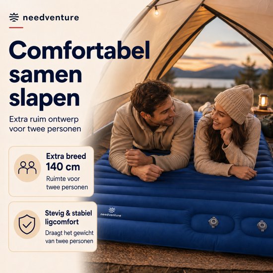 needventure® Slaapmat Zelfopblazend door Voetpomp - Slaapmatje met Ingebouwde Pomp - Camping Matras - Camping Bedje - Opvouwbaar Logeer Matras - Luchtbed - Luchtmatras - 2 Persoons - Blauw - 10CM van NEEDVENTURE® — afbeelding 3