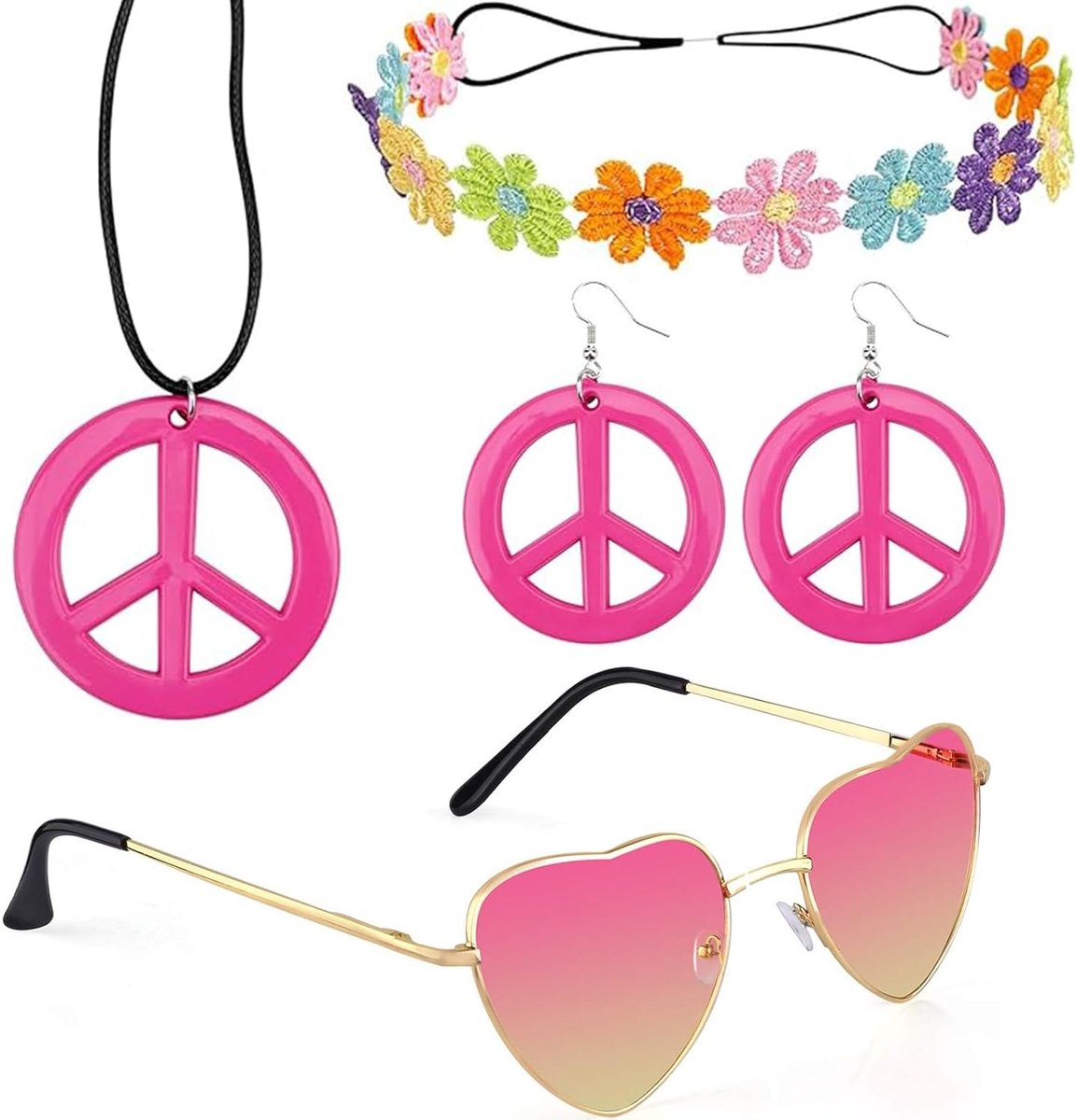 Hippie Kostuum Set met Accessoires, Haarband en Vredesteken voor Feestjes en Themadagen, Retro Kleding voor Mannen en Vrouwen
