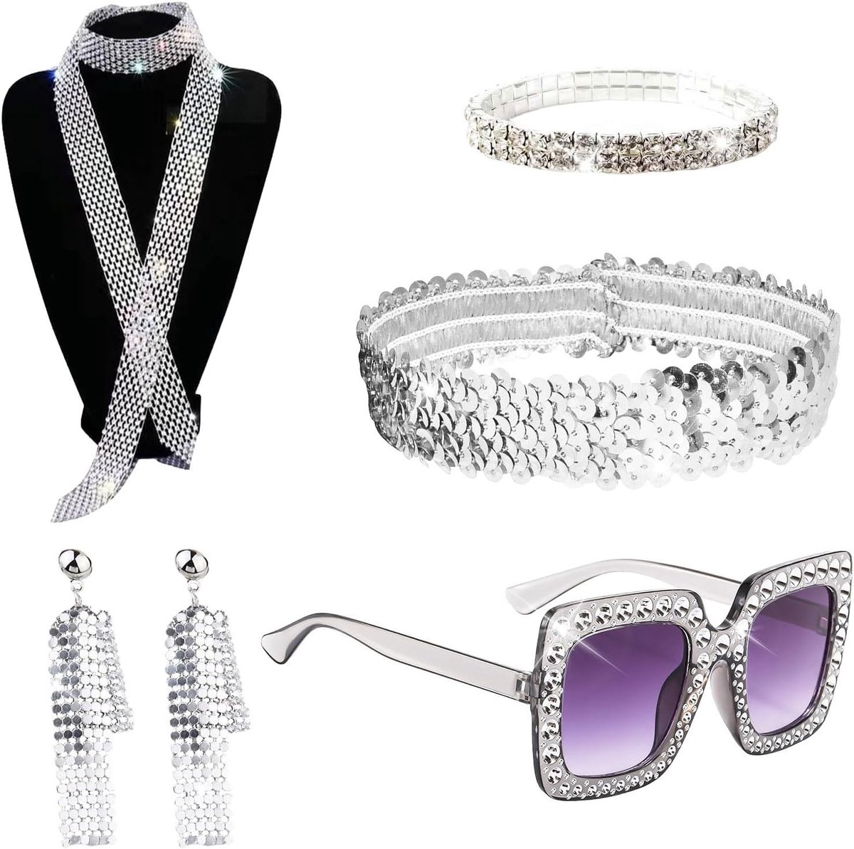 Complete 70s disco kostuumset met pailletten sjaal, oorbellen, zonnebril, armband en hoofdband voor retro cosplay en feestoutfits