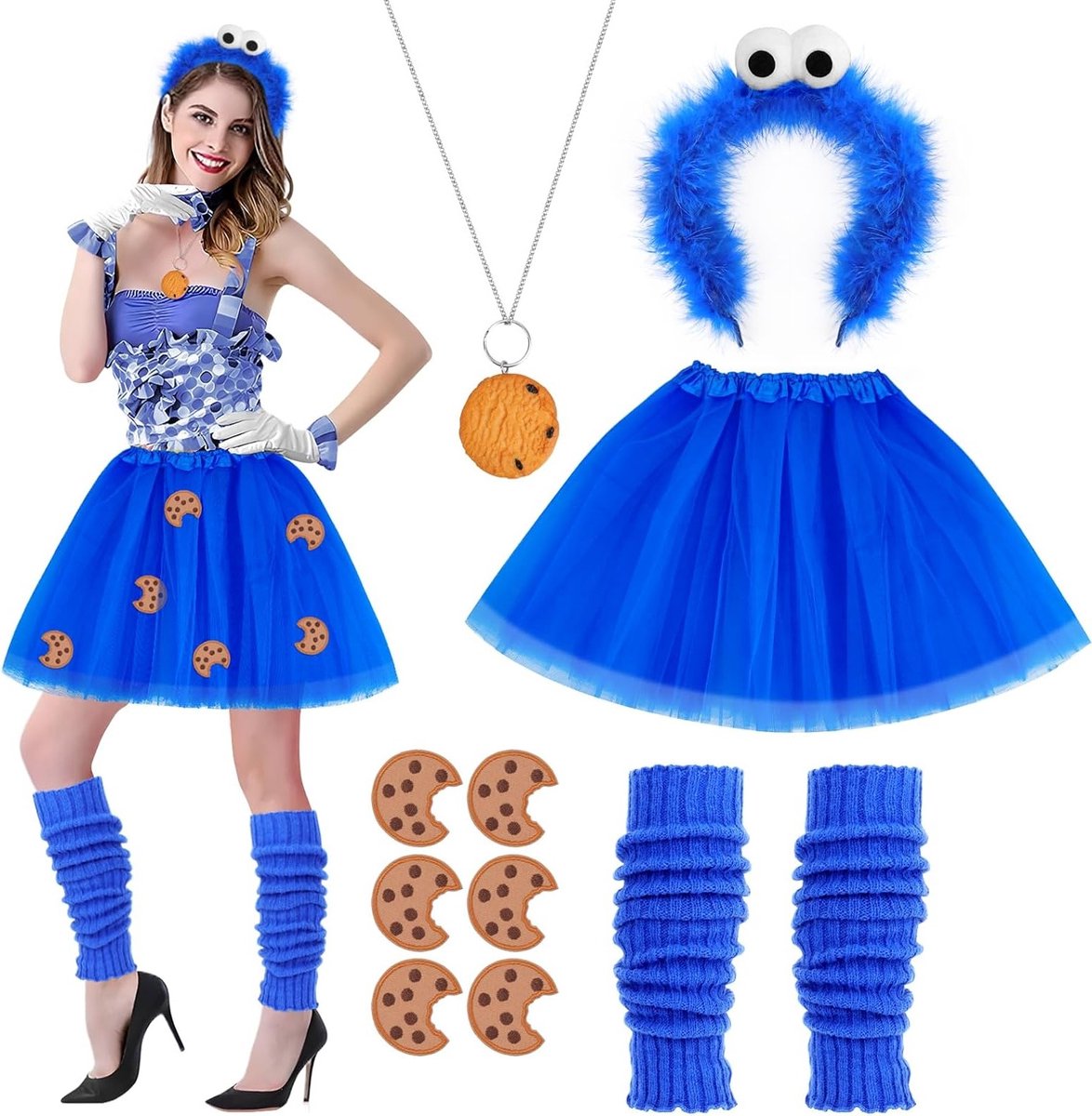 Vrouwelijk kostuum met koekjes haarband, tutu rok, ketting en beenwarmers voor carnaval en Halloween cosplay