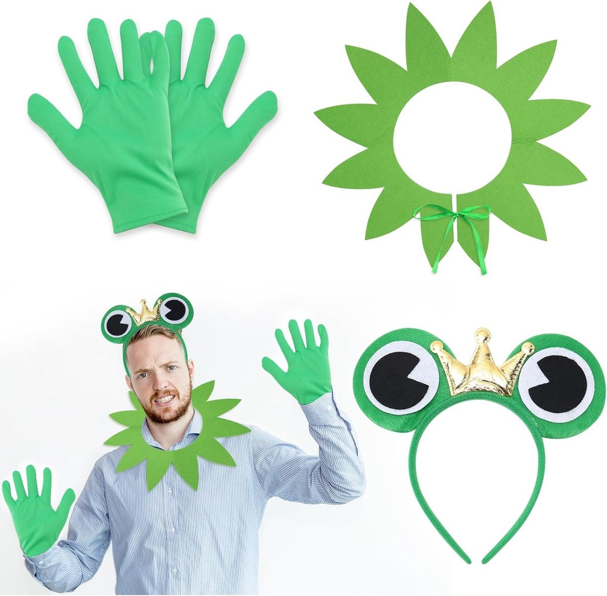 Kostuum voor volwassenen met kikkerthema inclusief accessoires zoals oren, handschoenen en sjaal voor Halloween en carnaval