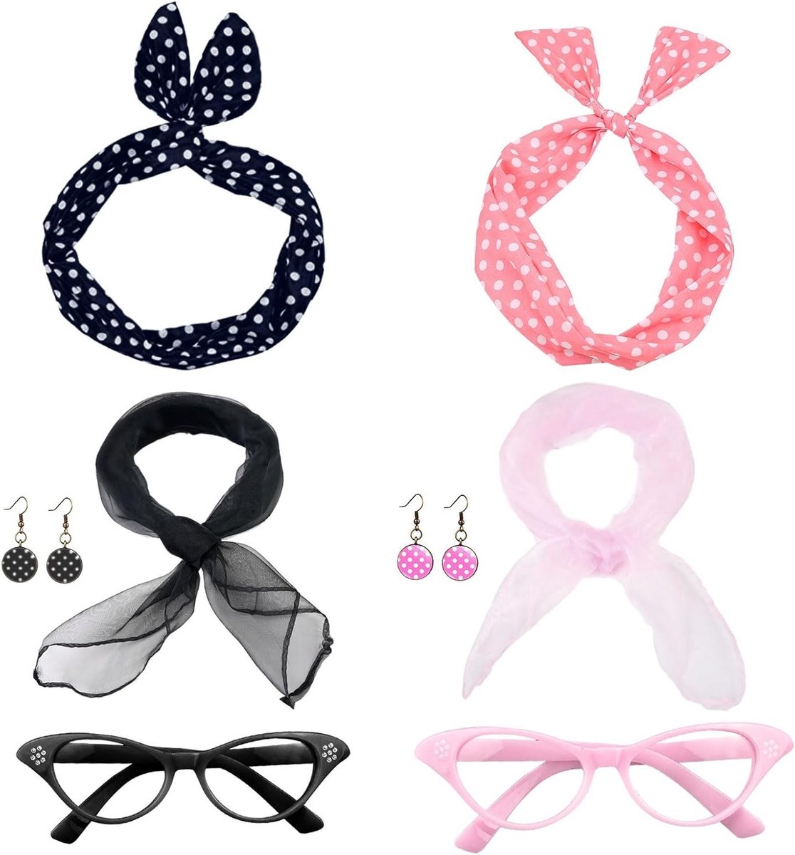 Complete Set van 8 Retro Kostuumaccessoires voor de Jaren 50, Roze Fancy Dress Accessoires voor Vrouwen en Meisjes, Perfect voor Retro Feestjes en Themadagen