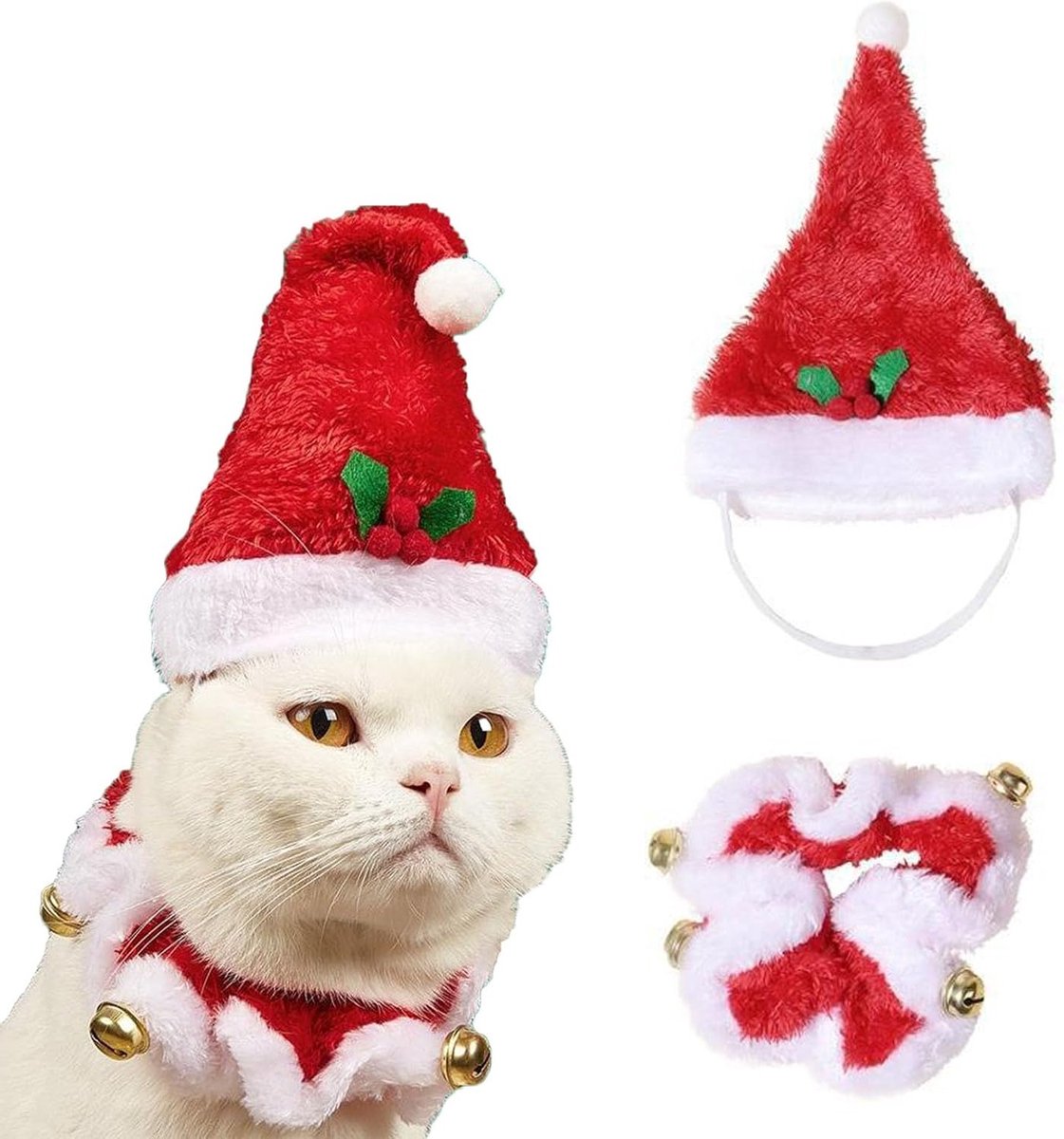Kerstkostuum voor Kat met Santa Hoed en Kraag met Belletjes voor Huisdieren zoals Katten en Honden (Klein)