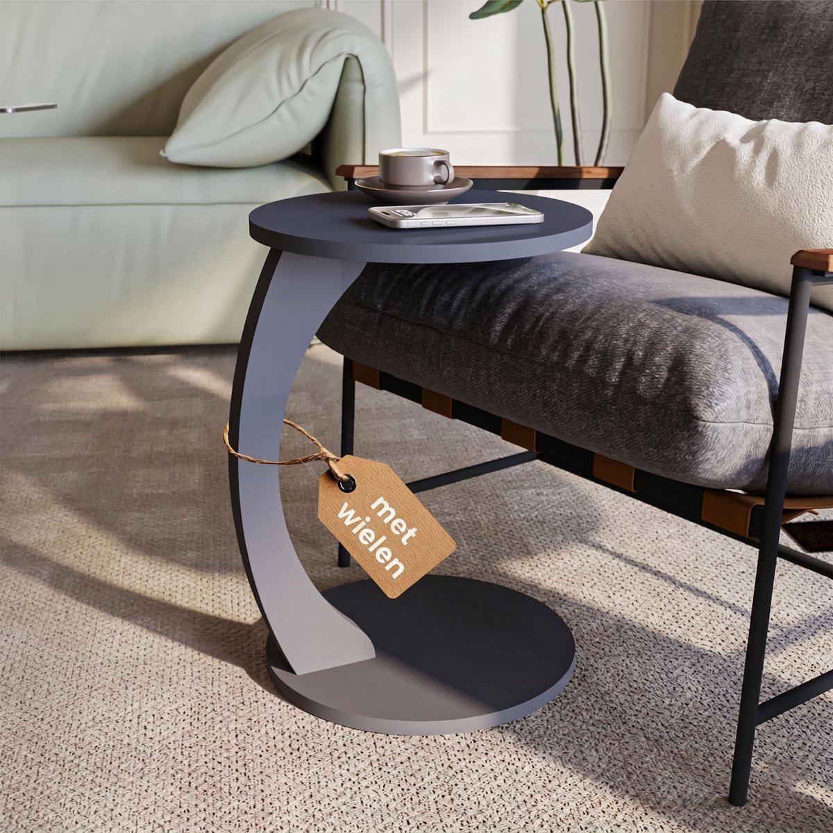 sugodesign Bijzettafel met Wielen – C-vormige Banktafel – Ronde Salontafel voor Woonkamer – Antraciet
