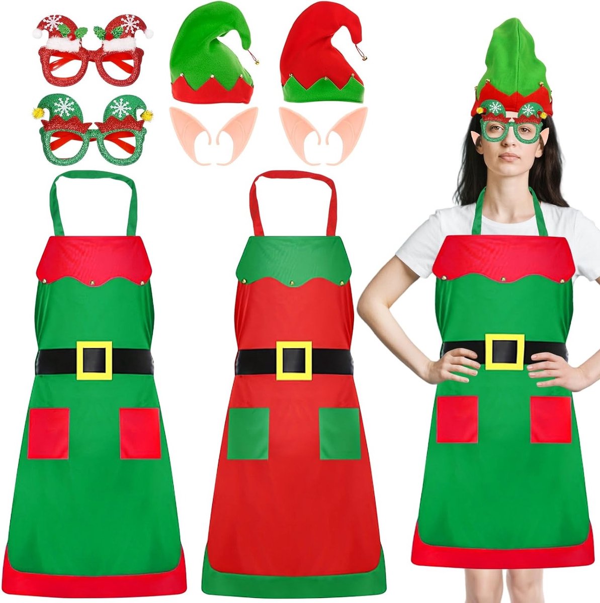 Kerstelf Kostuum voor Vrouwen, 8-delige Set met Schort, Elf Hoed, Bril en Oren voor Feestjes, Carnaval en Cosplay