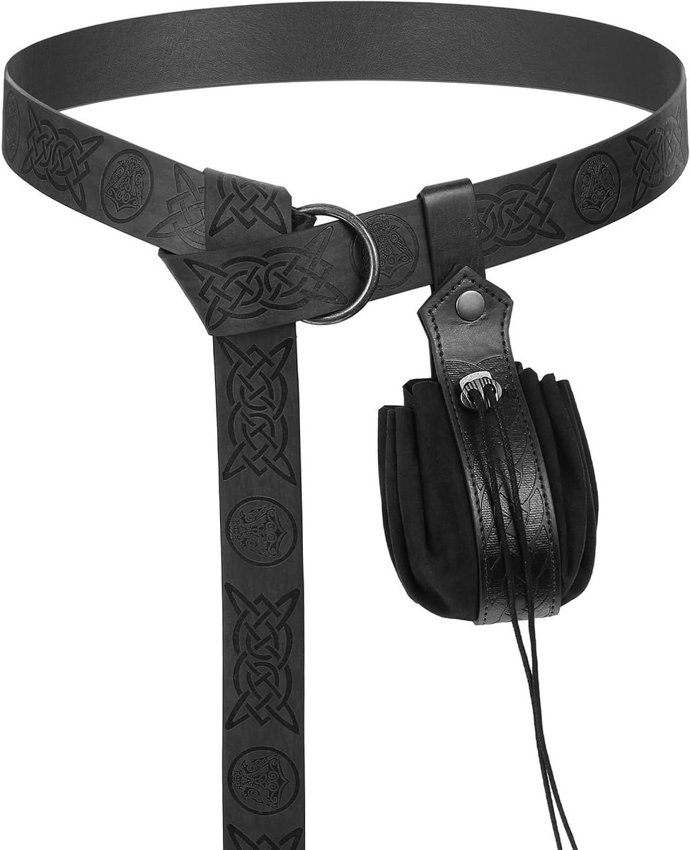 Medieval Viking Riem met Faux Leer Tas, Vintage Renaissance Heuptas, Retro Scandinavische Tas, Perfect voor Kostuumaccessoires en Feestjes, Set van 2 (Zwart)