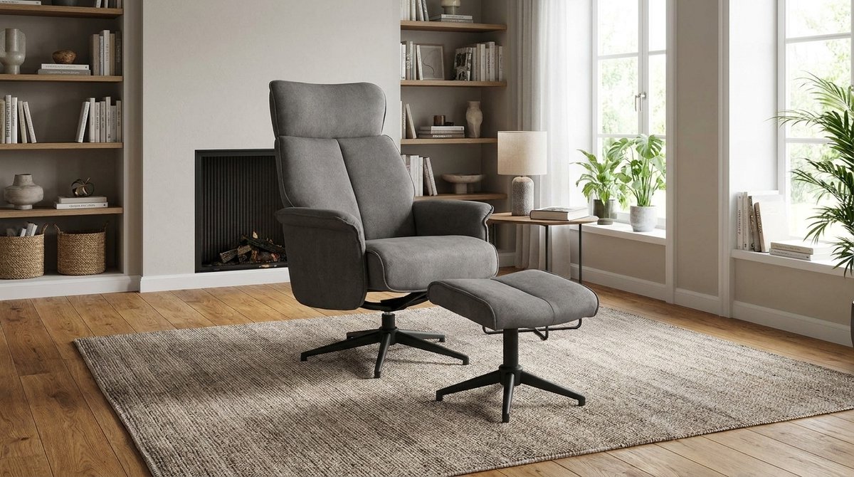 Relaxfauteuil met Hocker 360° Draaibaar 77x79x109 cm – Luxe Antraciet Velvet Lounge Fauteuil Ergonomisch met Voetenbank – Comfortabele Design Relaxstoel met Zwart Metalen Onderstel – House&Garden Verdal Elite