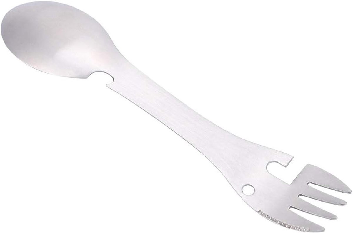 5-in-1 multifunctioneel bestekset met lepel, vork, mes, flesopener en zaag voor kamperen en picknicken