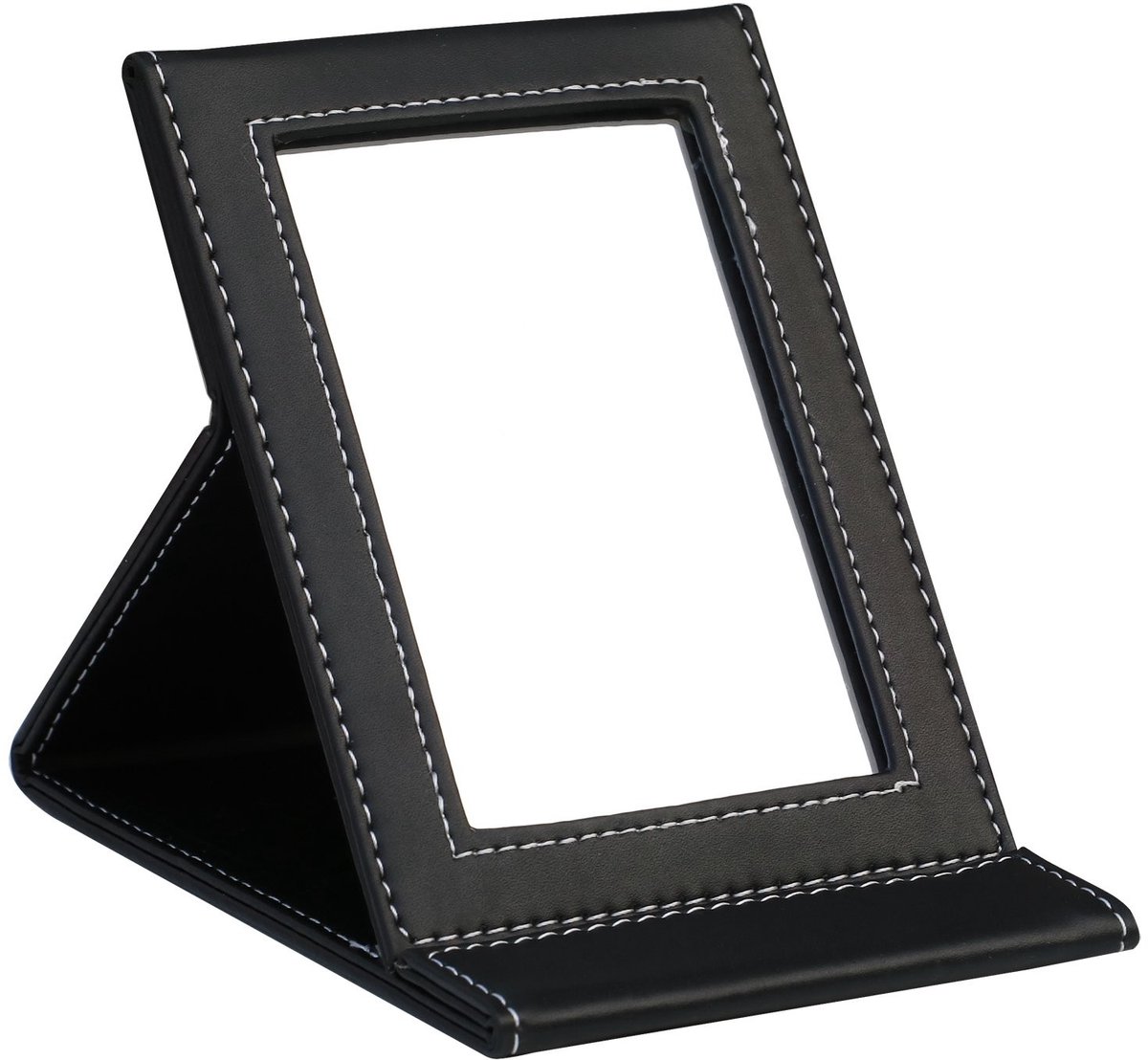 Dailygoody - Opvouwbare Make-upspiegel - Compact en Draagbaar - Zwart Vegan Lederen Frame - Ideaal voor Reizen - Vrijstaand en Handig - 16x12 cm