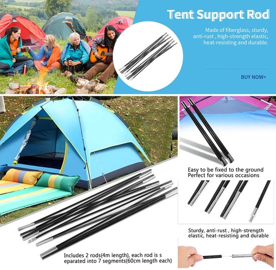 Dailygoody - Tentsteunstang - Glasvezel - Duurzaam en sterk - Opvouwbaar formaat - Campingtentstok voor 3-4 personen - Ideaal voor buitengebruik — afbeelding 2