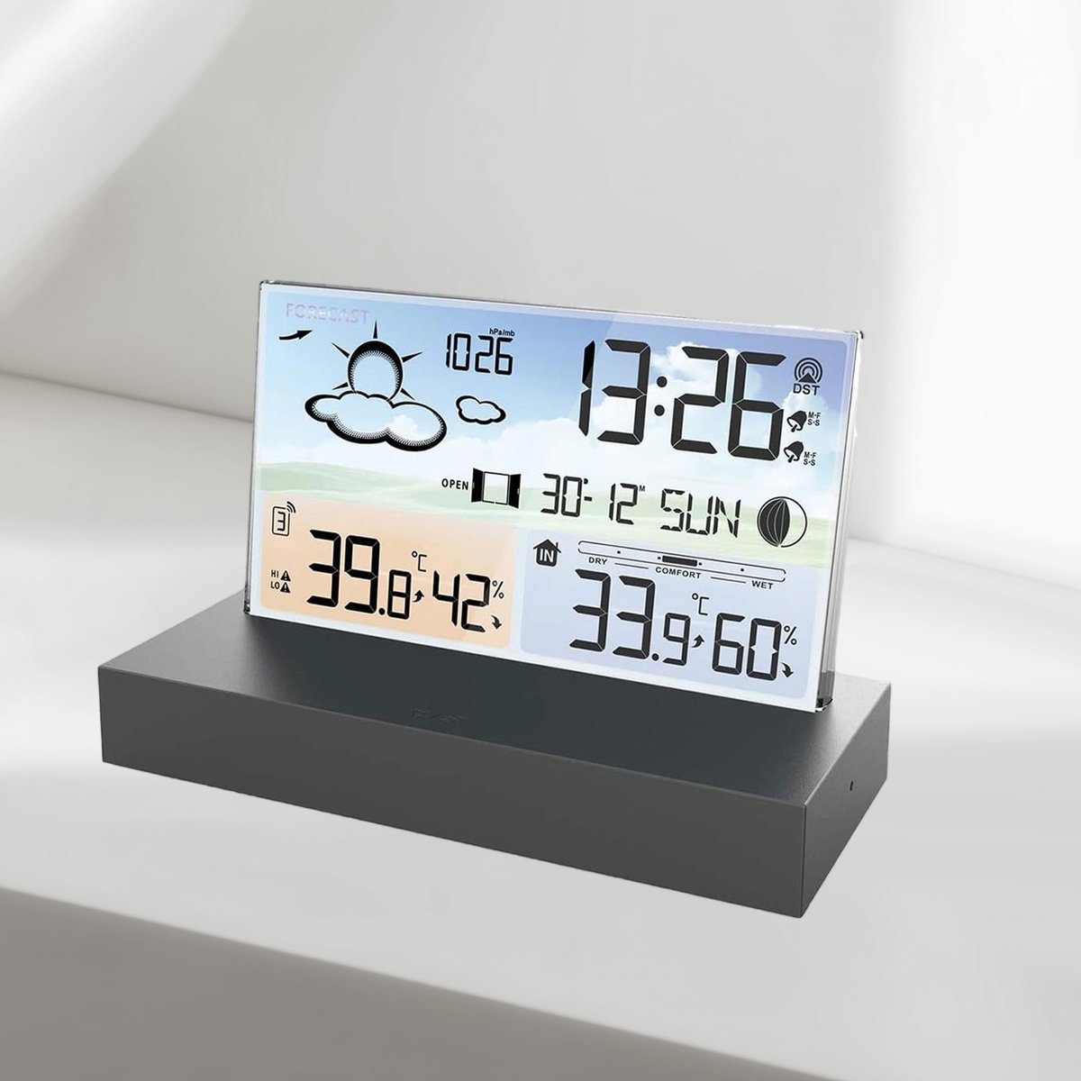 FloraGrace Weerstations - Digitale Klokken Met RF Weerstation Klok, Digitale Tafelklokken Met USB, Glazen Digitale Klok Met Kleurenscherm, Alarm En Temperatuurweergave, ABS, Zwart