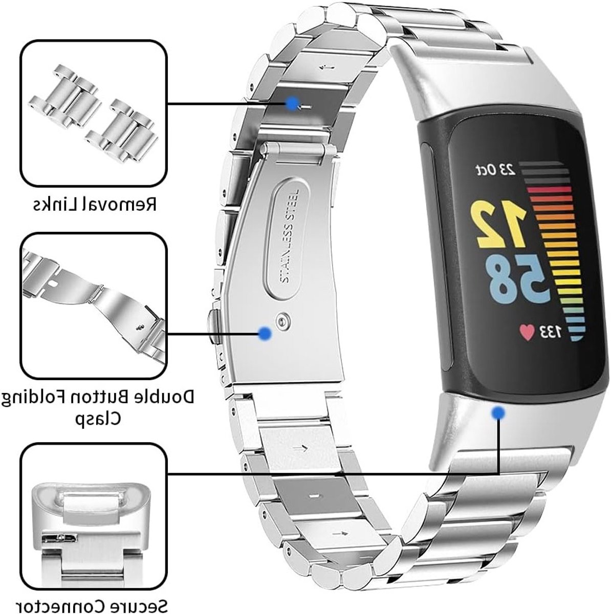 Compatibele RVS Sportarmband voor Fitbit Charge 6/Charge 5 - Verstelbare Metalen Vervangband voor Dames en Heren, Duurzaam en Stijlvol Design