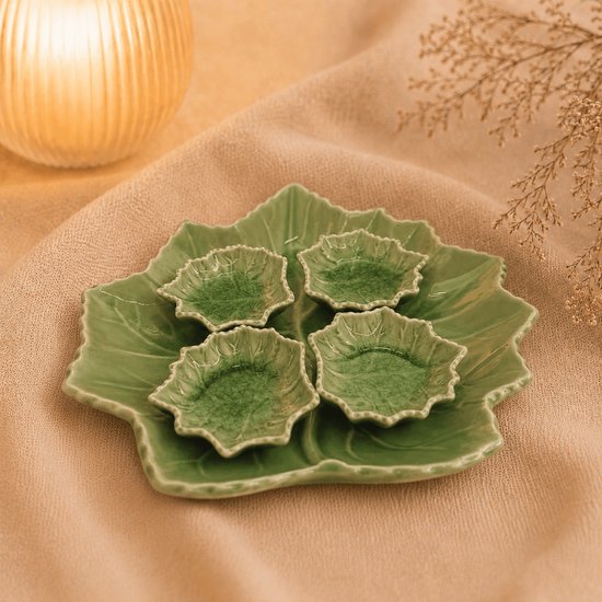 Lotus schaaltje groen 8 cm – keramieken dipschaaltje in bladvorm – theetip / amuseschaaltje - set van 4 stuks