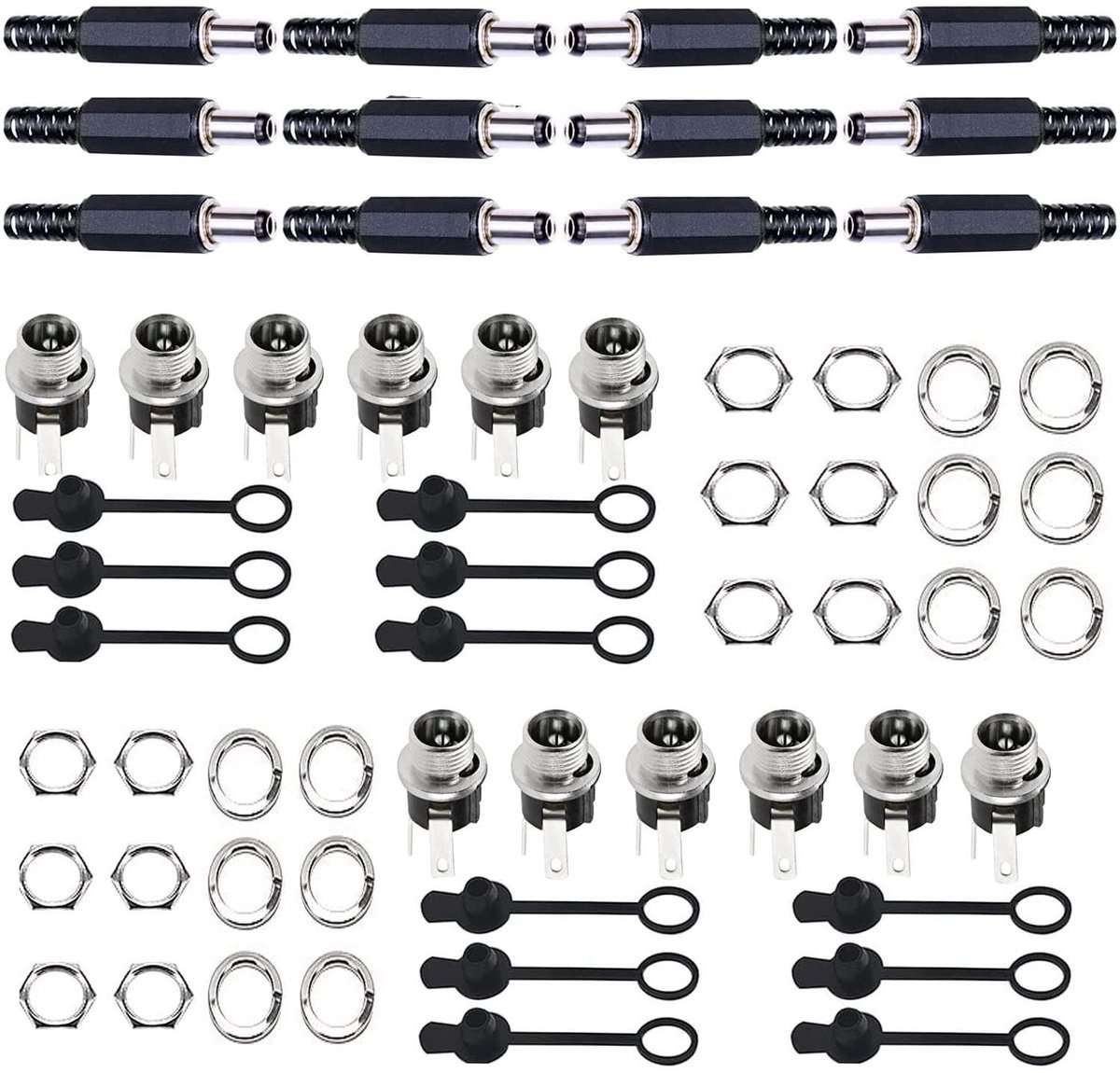 RUNCCI-YUN 5.5mm x 2.5mm DC Plug en Socket Set - 12 Stuks met Rubber Beschermdoppen