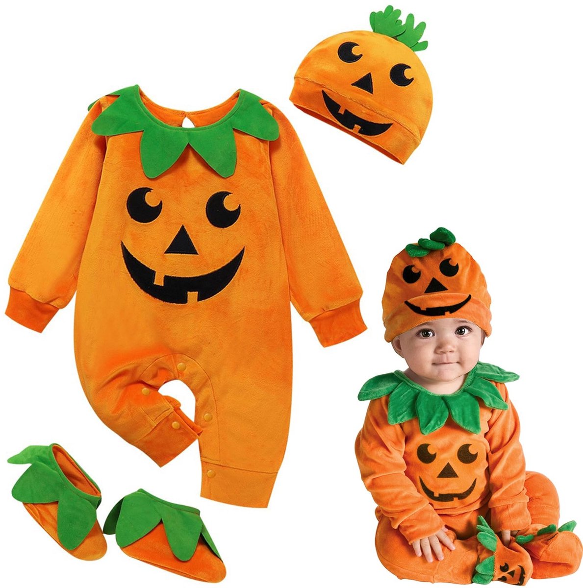 Dailygoody - Kostuum pompoen baby - Halloween kostuum - Uniseks - Romper met hoed en schoenen - Voor jongens en meisjes - Perfect voor feestjes