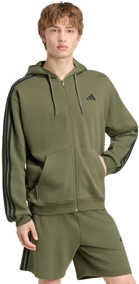 Adidas Sportswear Essentials 3-Stripes French Terry Hoodie Met Lange Ritssluiting Heren Groen