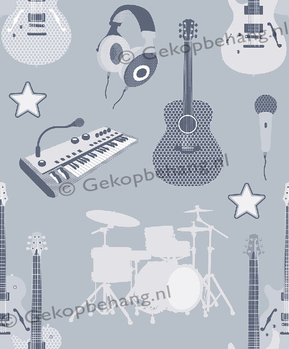 INGK Behang - Thomas - instrumenten licht blauw/grijs