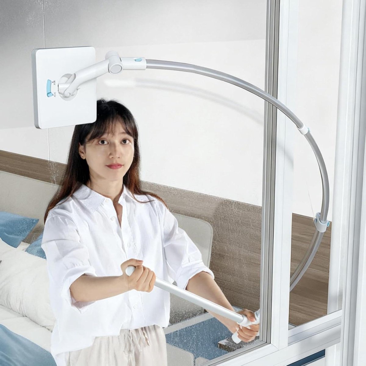 Raamwisser Telescopisch - Raamreiniger Set - Hoge Ramen Wassen - Gebogen Handgreep - 90-110 cm - Zilver