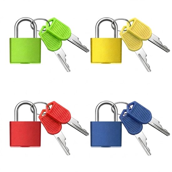 Vier kleine hangsloten met sleutels: groen, geel, rood en blauw.