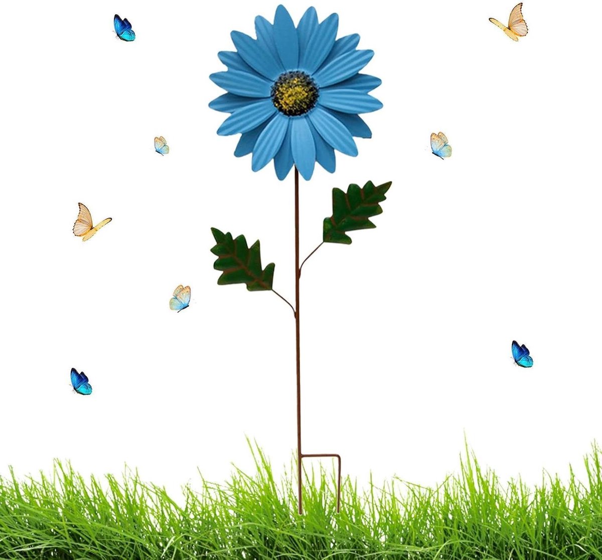Decoratieve tuinsteker - Metalen bloem - Tuin verfraaien - Windmolen design - 69 cm lang - Blauw