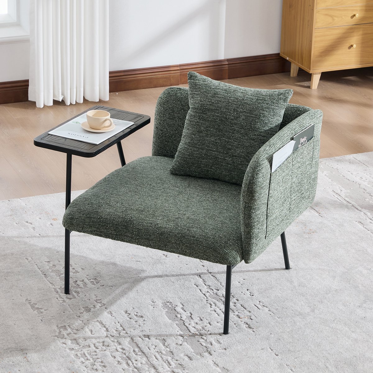 FloraGrace Fauteuil 86 Cm - Met Zijtafel En Opbergtassen - Comfortabele Chenille Zitting - Voor Woonkamer, Slaapkamer En Studiehoek - Metaal - Emerald
