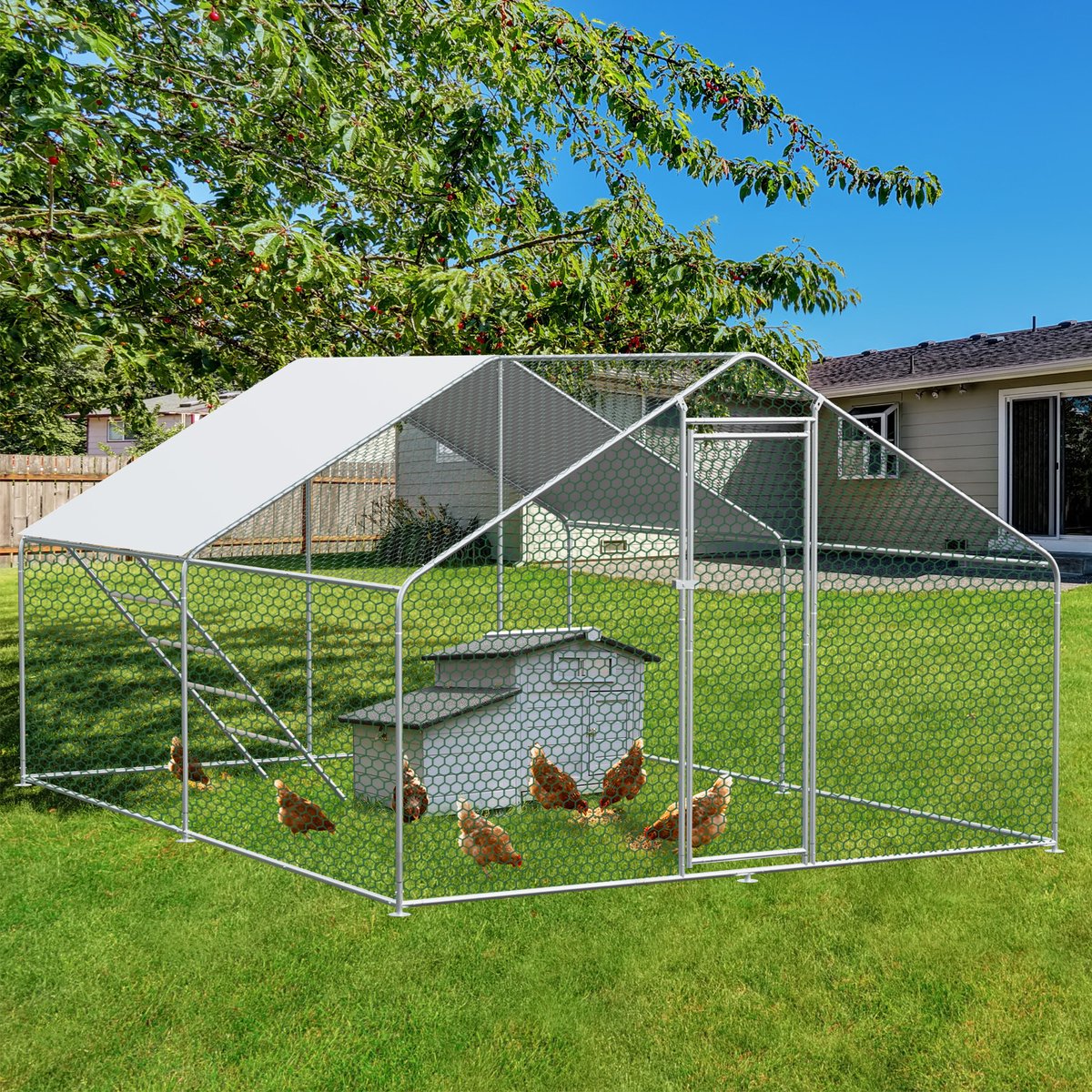 Kippenren - kippenhok metaal - Kippenverblijf - Verzinkt Metaal - Waterdicht Dak - Veiligheidsslot - Tuin - 300x400x200cm - Inloopren - Zilver