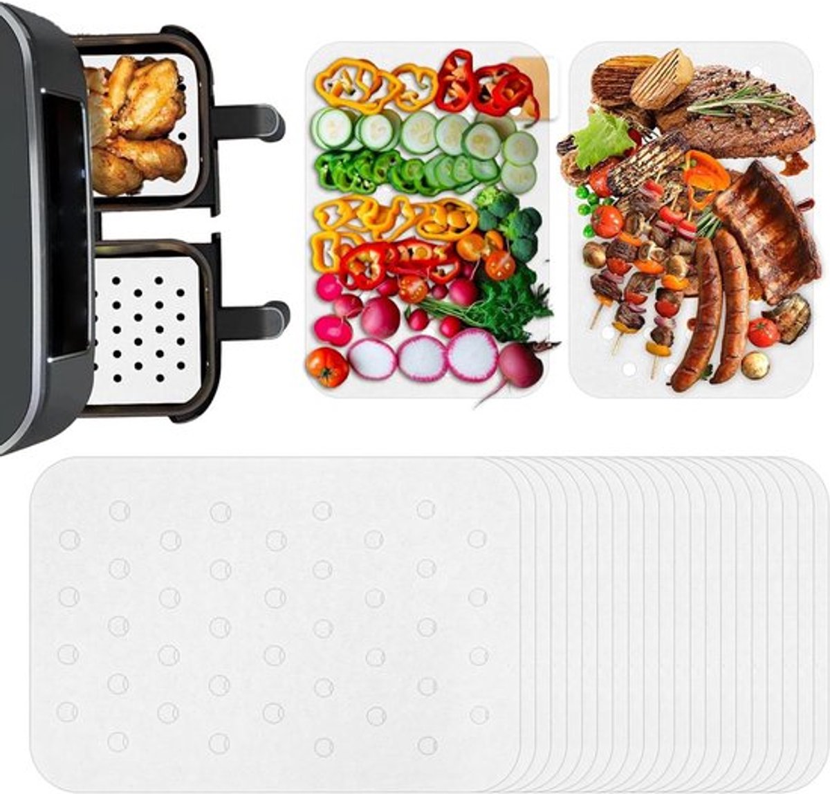 Airfryer Bakpapier 21x14cm - 100 stuks - Perforatie voor Lucht Friteuse - Rechthoekige Bakpapier - Airfryer Liners - Wit