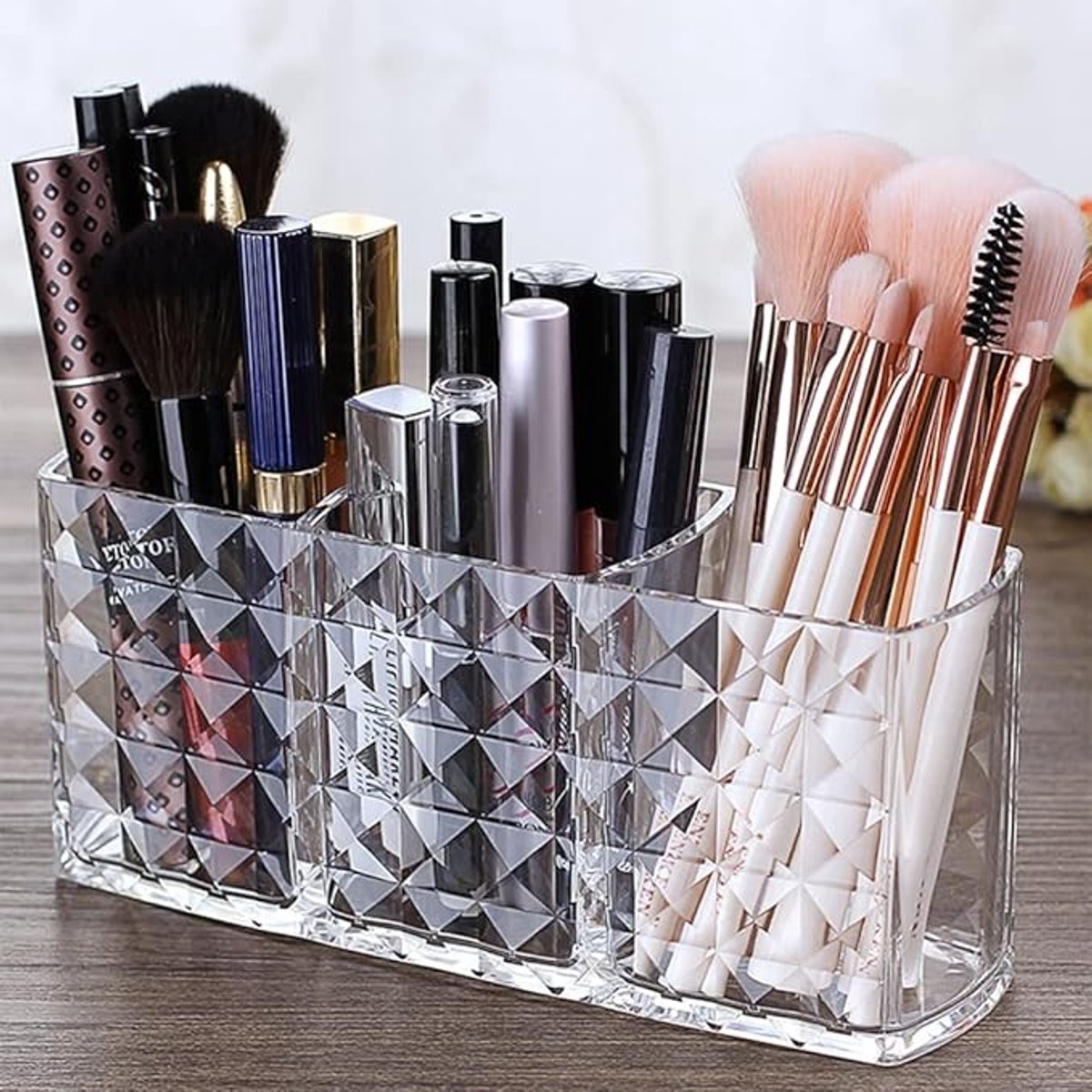 Doorzichtige make-up organizer met 3 vakken voor badkamer en bureau