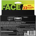 Achterkant verpakking met "FACE" logo, "32 maanden scheren" en afbeelding van 3 mesjes.