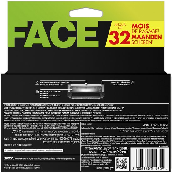 Achterkant verpakking met "FACE" logo, "32 maanden scheren" en afbeelding van 3 mesjes.