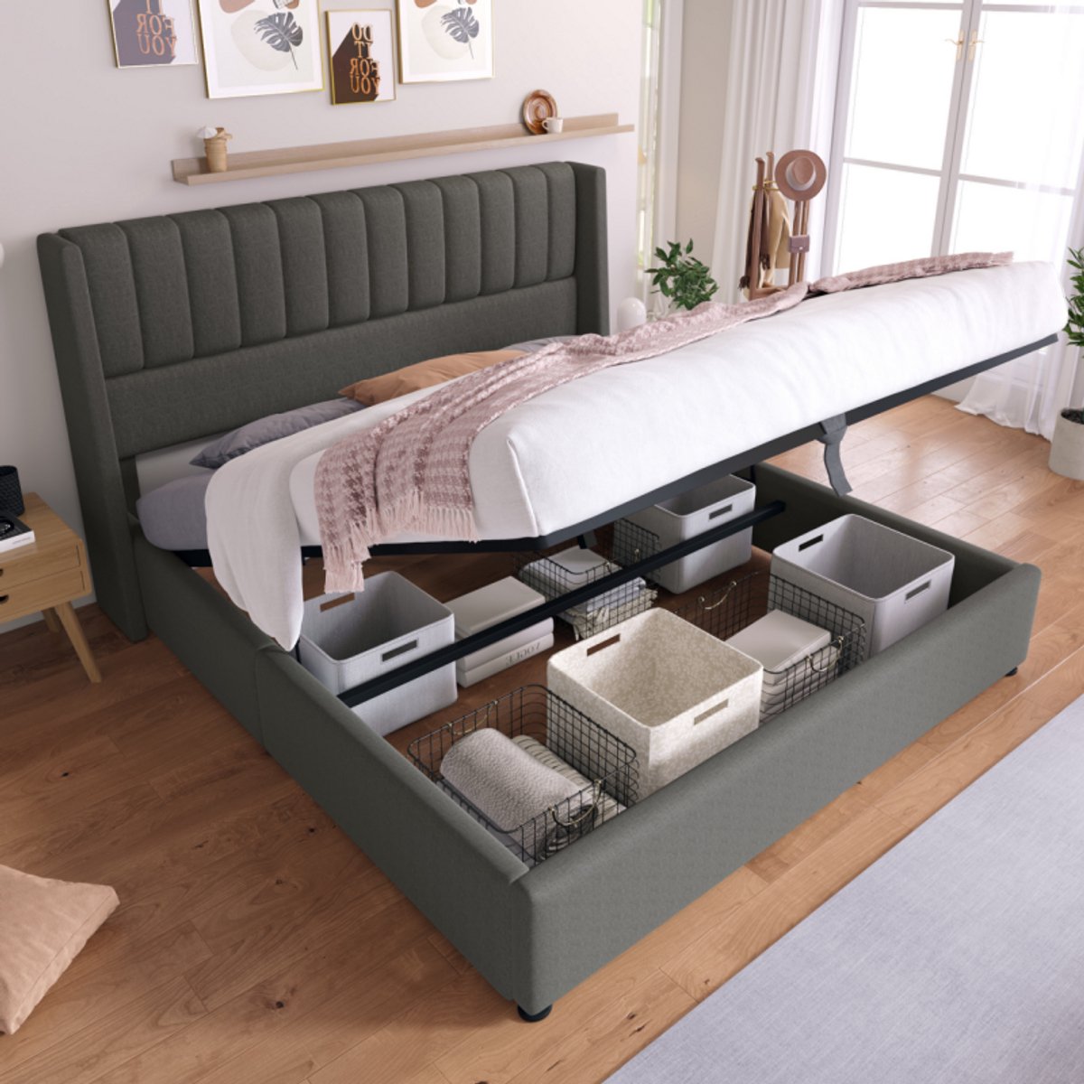 HAUSS SPOLE Gestoffeerd Bed 160x200 cm - Hydraulisch Opbergbed Met Lattenbodem - Zonder Matras - Linnen - Grijs