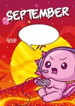 Roze axolotl met koptelefoon, spelend op een console in pixel-art stijl, tegen een achtergrond van de zon.