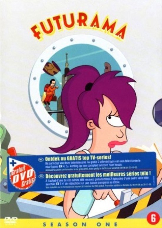 Futurama Seizoen 1 DVD-cover met Leela op de voorgrond. Achtergrond toont Bender en Fry.