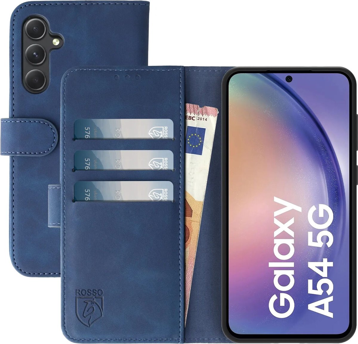 Rosso Element Book Case Wallet Hoesje Geschikt voor Samsung Galaxy A54 | Portemonnee | 3 Pasjes | Magneetsluiting | Stand Functie | Blauw