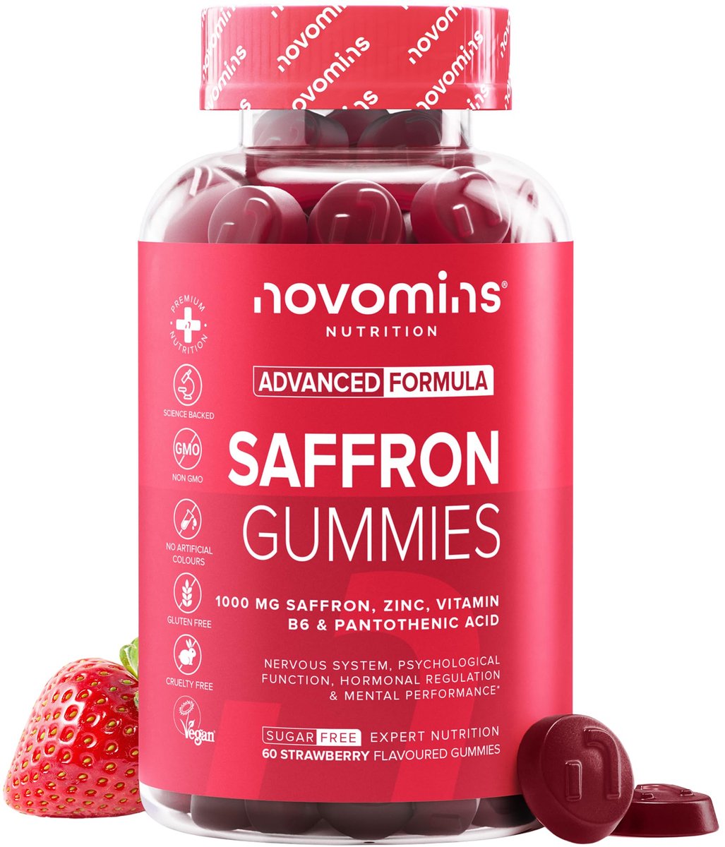 Saffraan 1000 mg, met Pantotheenzuur & Vitamine B6, 60 Gummies, Suikervrij, Vegan, Halal, Getest door Eurofins, Novomins