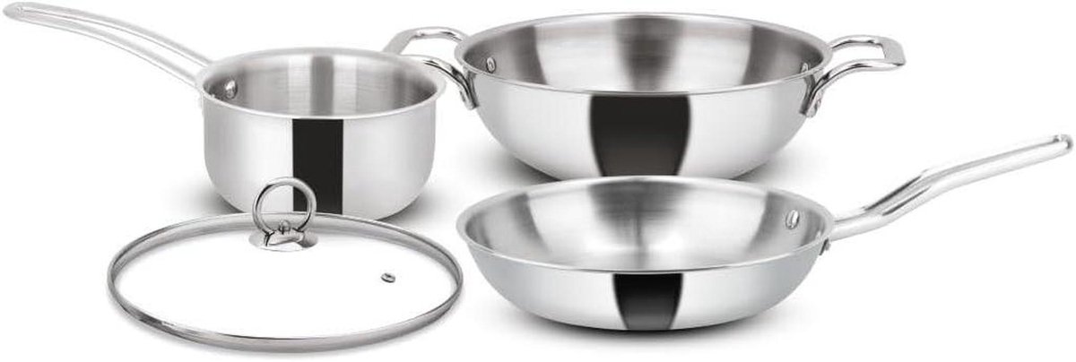 Kookgerei Set - Kadai Braadpan - Gelijkmatig Koken - Drielaagse Constructie - 24 cm - Zilver