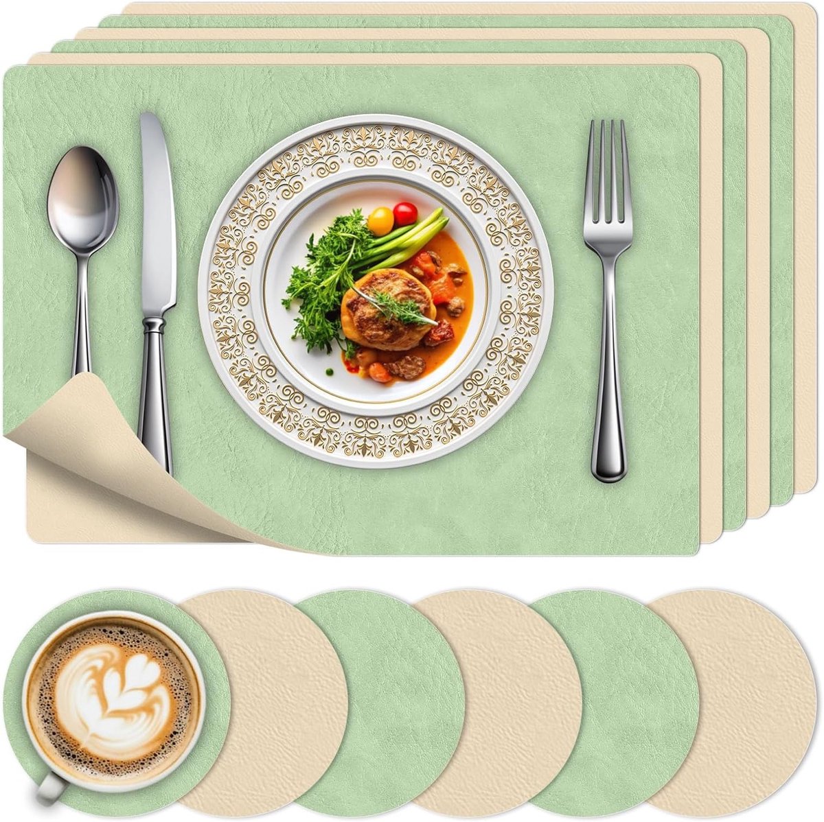 Set van 6 Groene en Beige Placemats voor Tafel, Duurzaam en Stijlvol Eetaccessoire