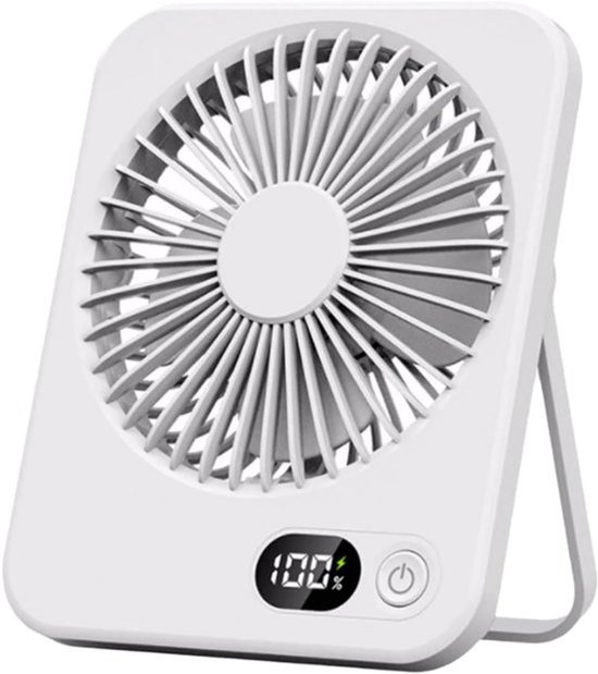 Draagbare oplaadbare ventilator 5 snelheden 3 bladen 180° verstelbaar stil compact wit