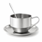 My Green Deal – RVS Koffiekop met Schotel & Lepel – Roestvrijstalen Koffiemok / Theekop – Duurzame Luxe Set voor Koffie & Cappuccino