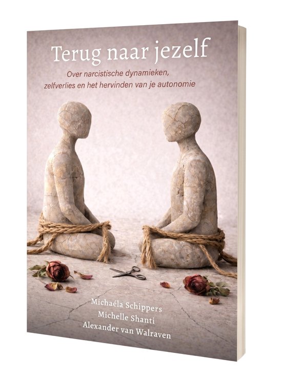 Boekomslag met de titel 'Terug naar jezelf' met twee beeldjes van mensen, gebonden met touw, en gedroogde rozen.