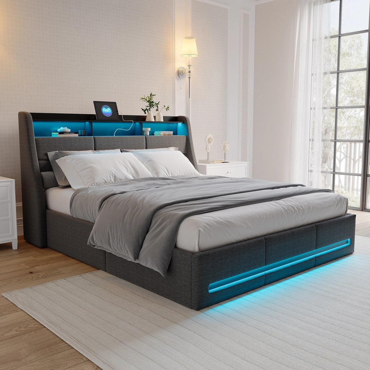 Dailygoods Opbergbed 140/160x200cm met LED en USB, gestoffeerd bed met hydraulische opberg