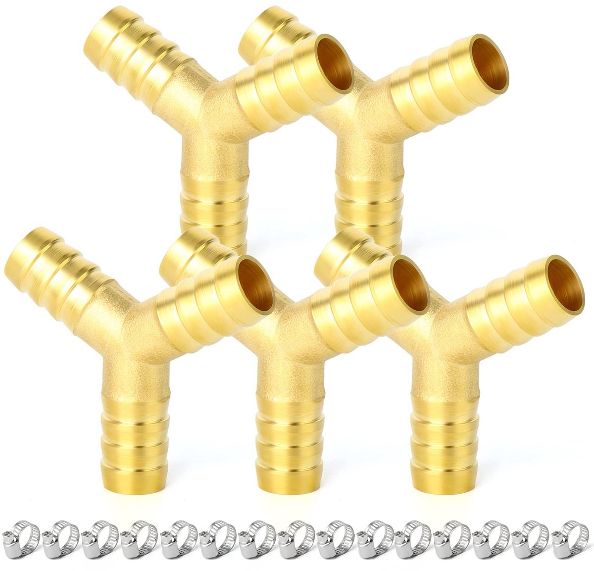 Dailygoods- Slangfitting 10mm Messing - 3-weg Y-vormige T-connector - 5 Stuks - Klemmen - Duurzaam - Eenvoudige installatie - Slangconnector