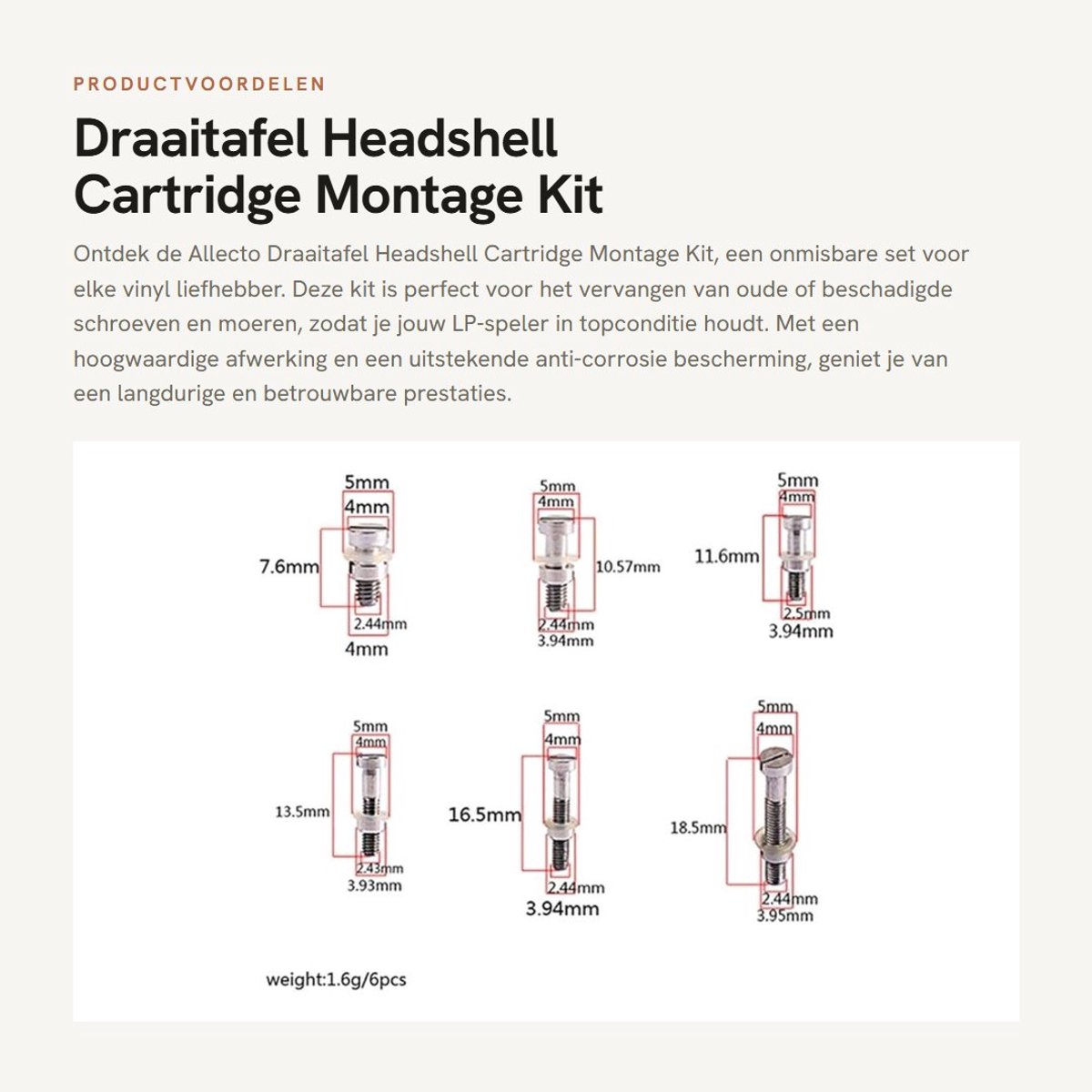 Dailygoods- Cartridge Montage Kit - 6 Stuks - Metalen Schroeven - Vervangset - Aluminium - Anticorrosie - Platenspeler