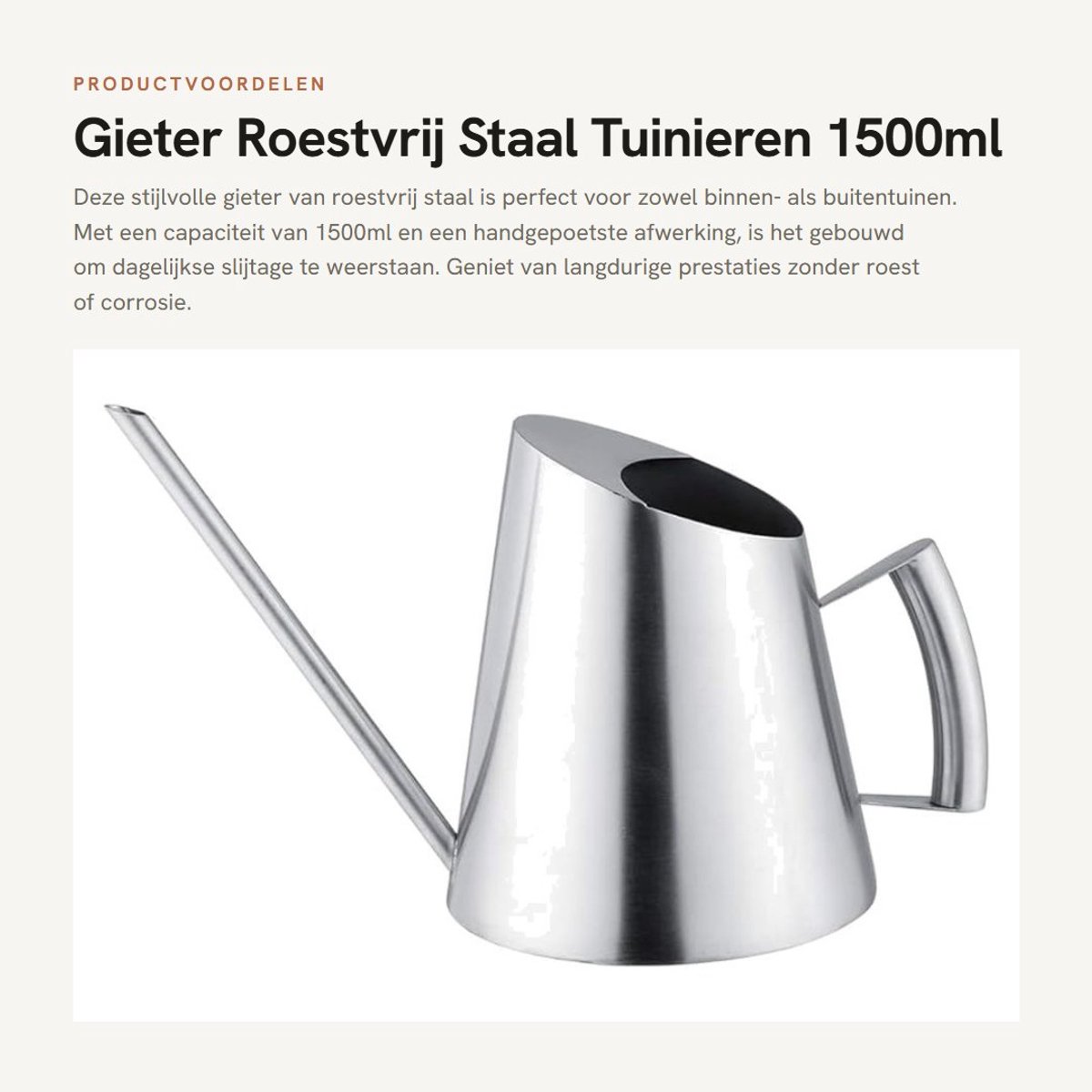 Dailygoods- Gieter 1,5 Liter Roestvrij Staal - Gieter voor Binnen/Buiten - Antiroest - Duurzaam - Premium Kwaliteit - 14,3 x 28 x 17,5 cm - Plantenbewateringssysteem