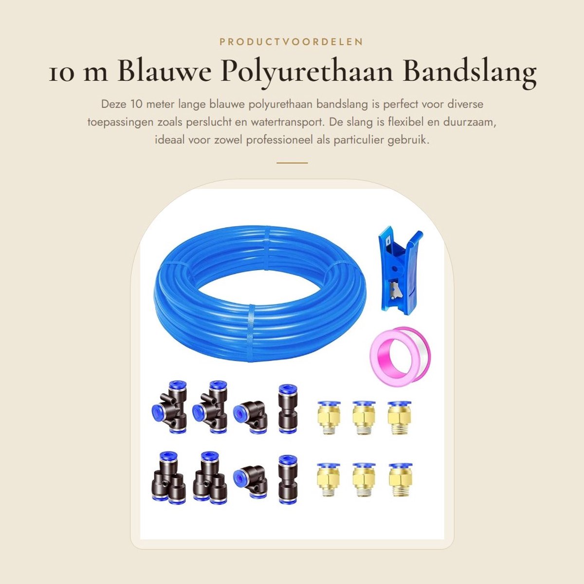Dailygoods- Bandslang 10 m - Polyurethaan - Buitendiameter 10 mm - 14 Bandenconnectoren - Buissnijder - Hoge flexibiliteit - Persluchtslang